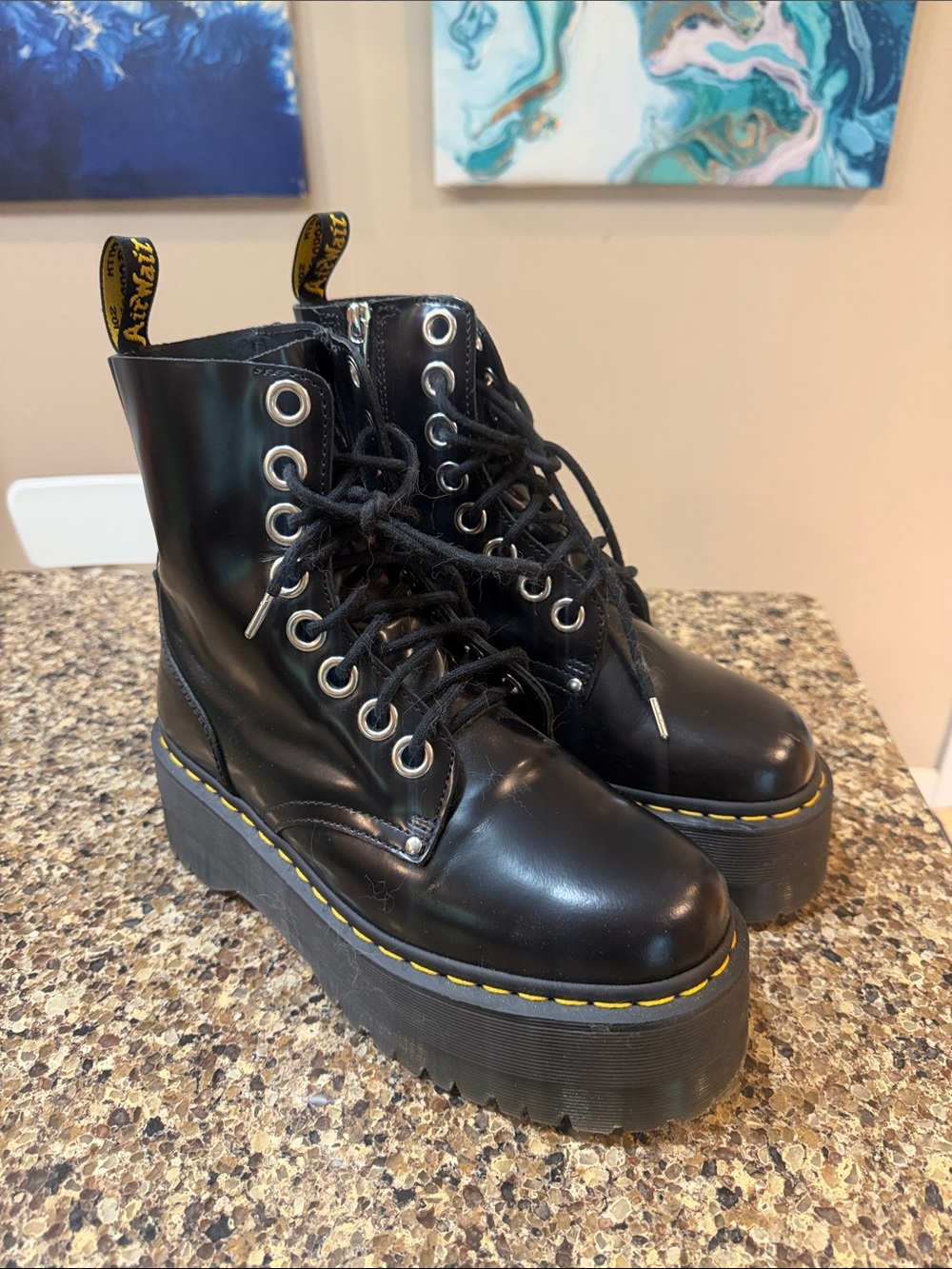 Doc Marten Jadon Max Black Platform Lace-Up Combat Boots with Yellow Stitching